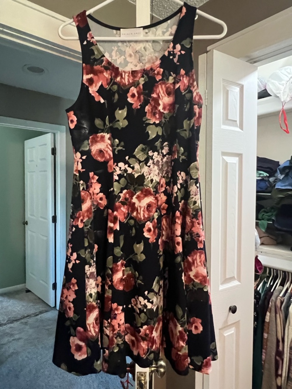 French Grey Black Floral Mini Dress with Pink Roses